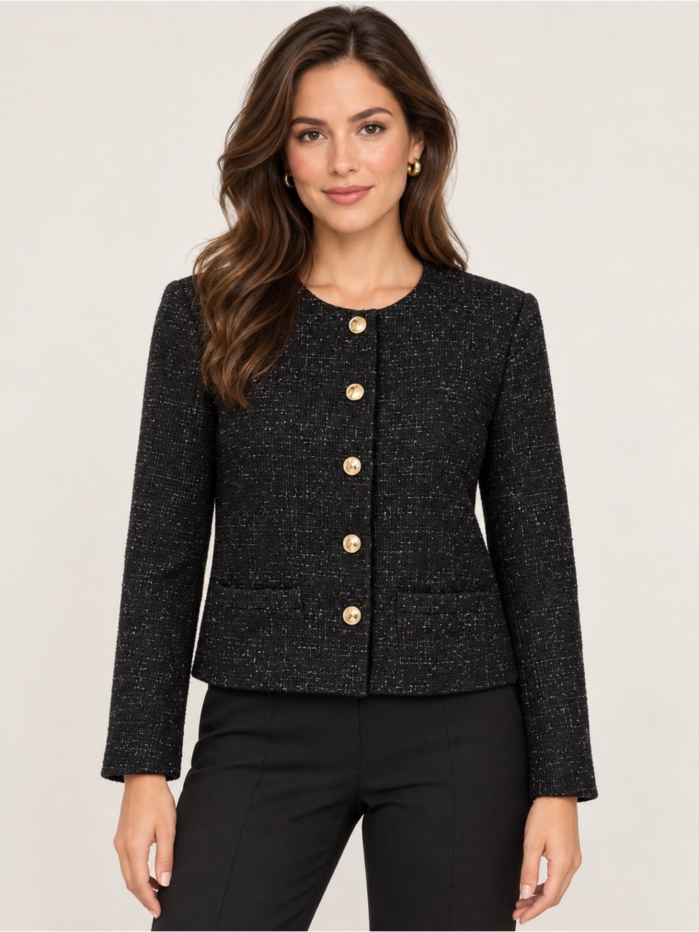 Lafayette 148 New York Black Tweed Jacket Gold Buttons Blazer Size 16